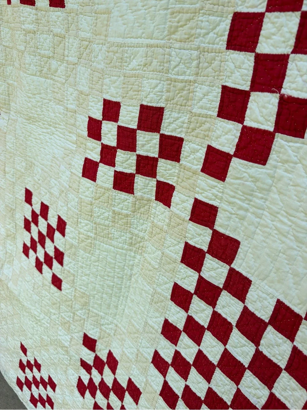 Vintage 1930-1940s Red & White Patchwork Checkered Feed Sack Quilt 65x74